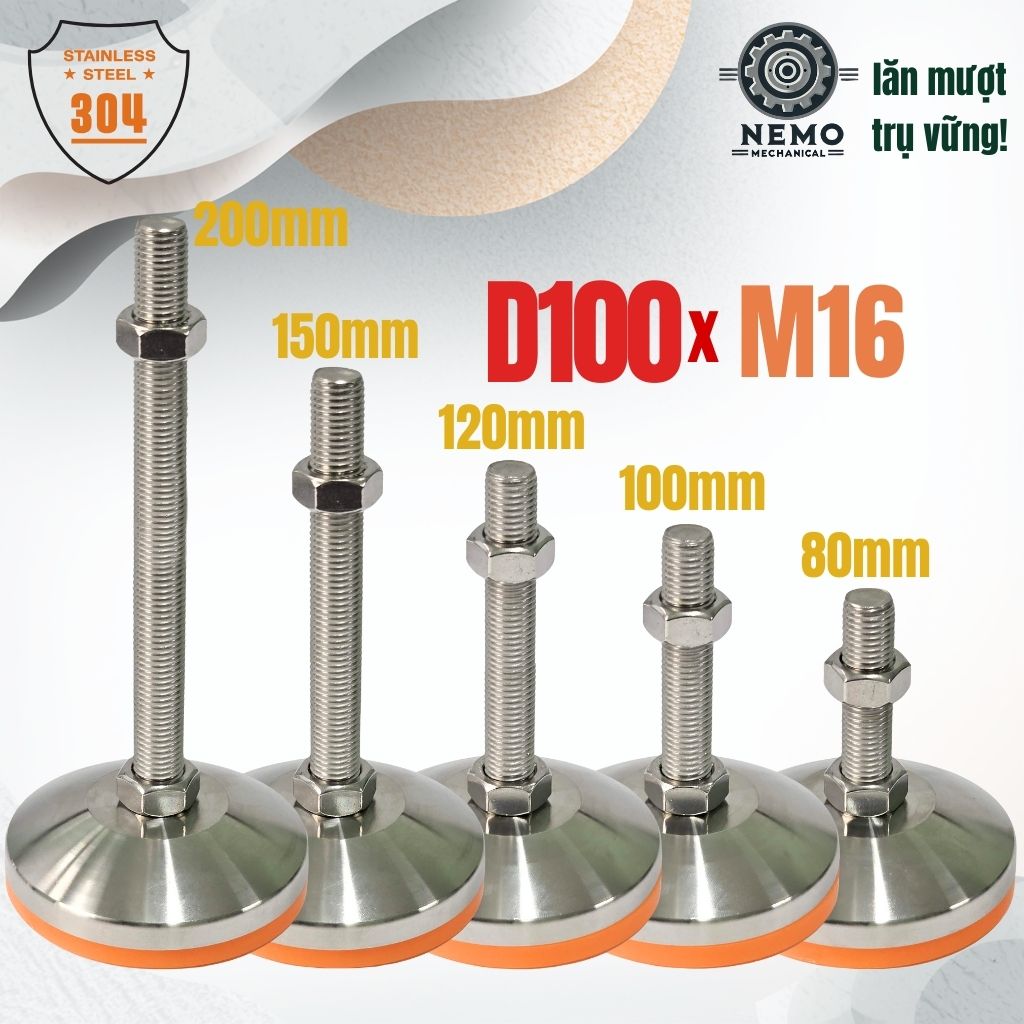 Chân Tăng Chỉnh Inox 304 Ren M16 – Đế Bát Dày Chịu Tải Siêu Nặng 800kg, Chống Ăn Mòn Tuyệt Đối